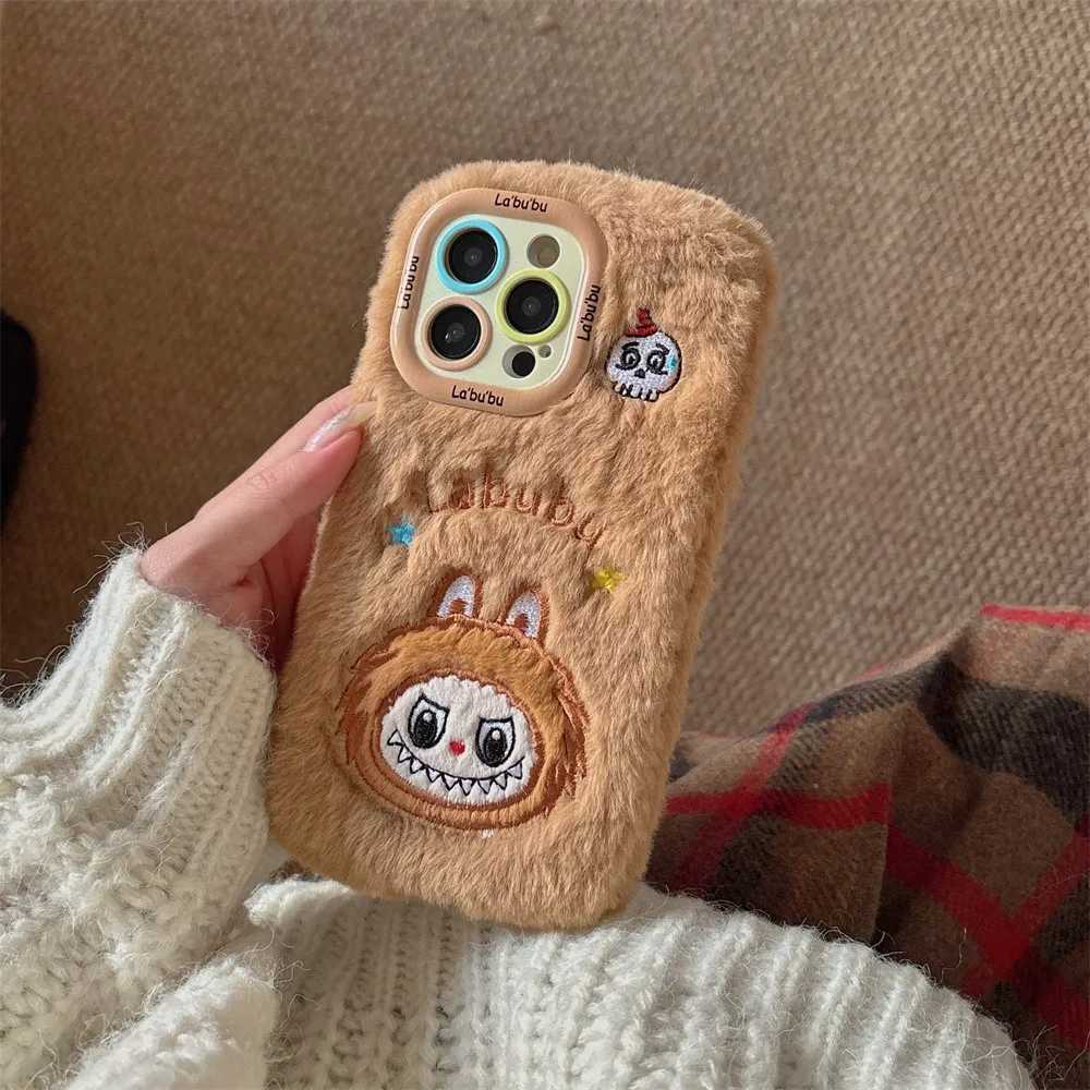 High Quality Suitable for iPhone 11 12 13 15 16 Pro Max plush embroidery 3D cartoon LaBuBu phone case Plus hole lens holder protective case O241209