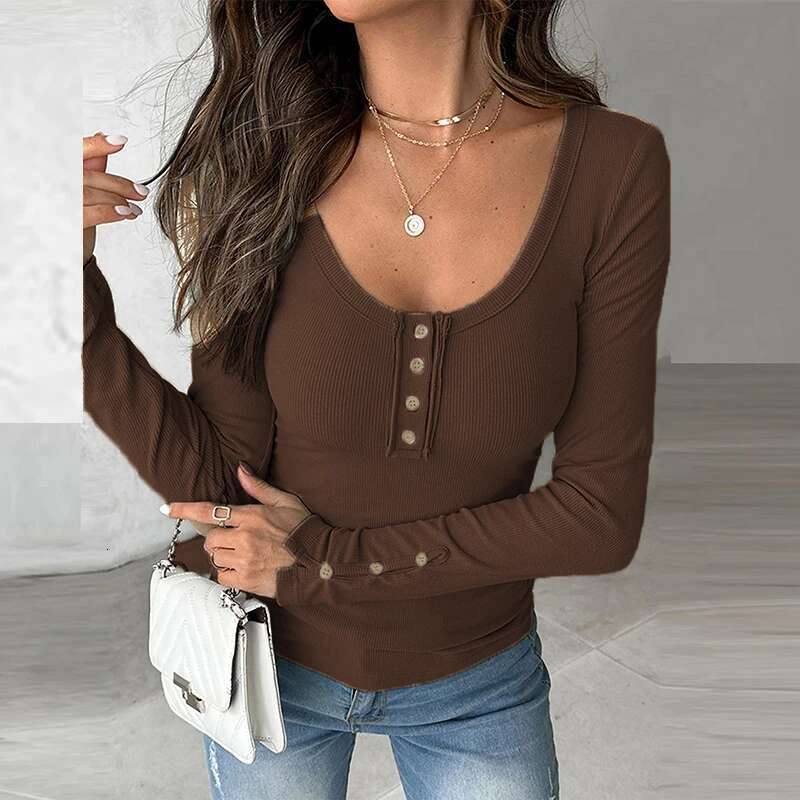 Autumn Casual T Woman Fashion O Neck Button Knitted Tops Female Long Sleeve Comfortable T-Shirt Lady Slim Shirts
