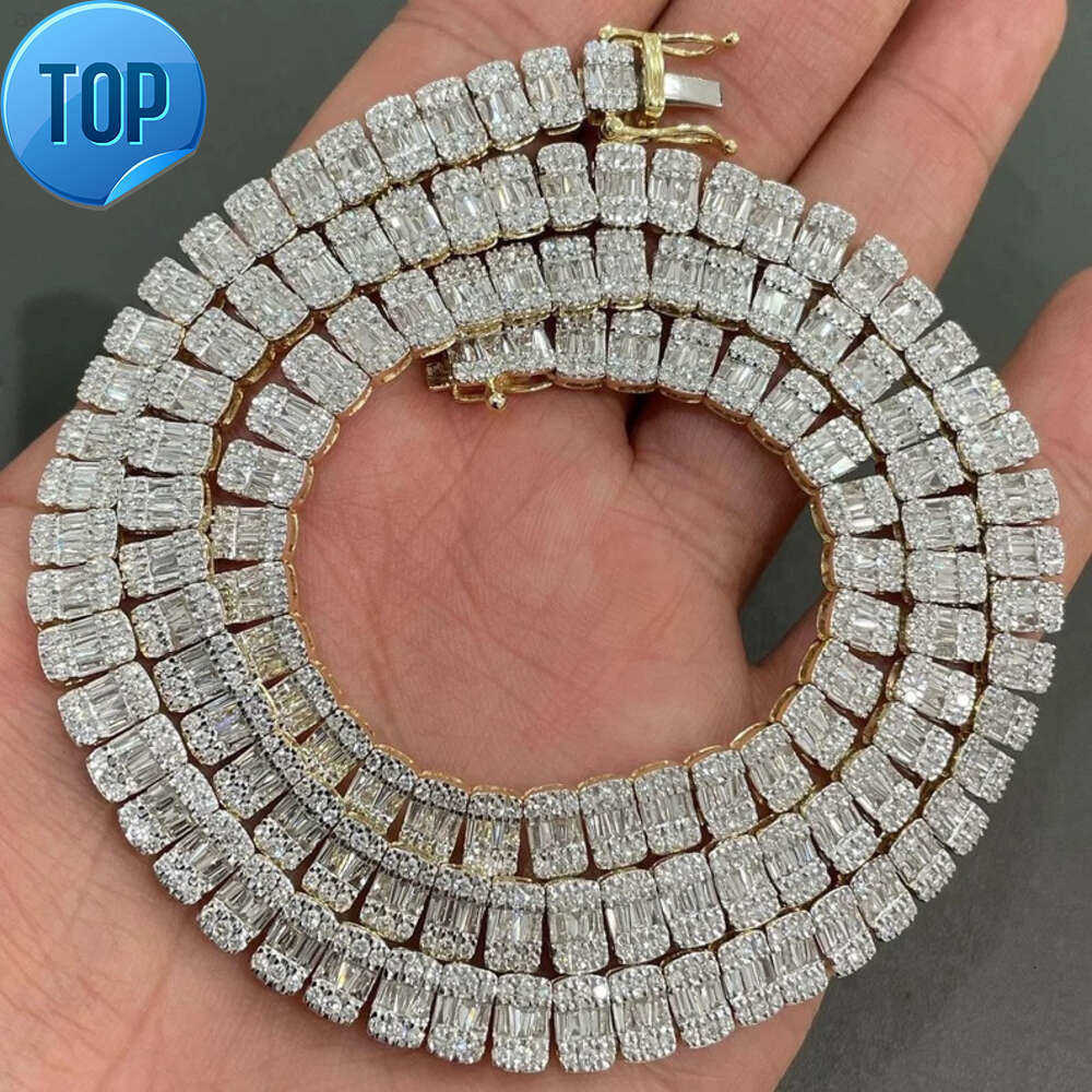 Rapper Jewelry Iced Out Baguette Cut Vvs Moissanite Dia Cluster Tennis Chain Sier Necklace for Men Women