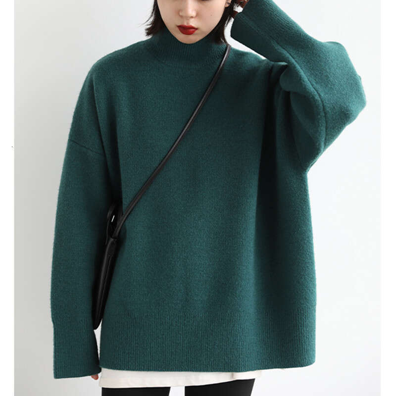 Korean style semi high neck thick for women, with a lazy autumn winter feel, loose medium length style, soft and sticky base knit sweater