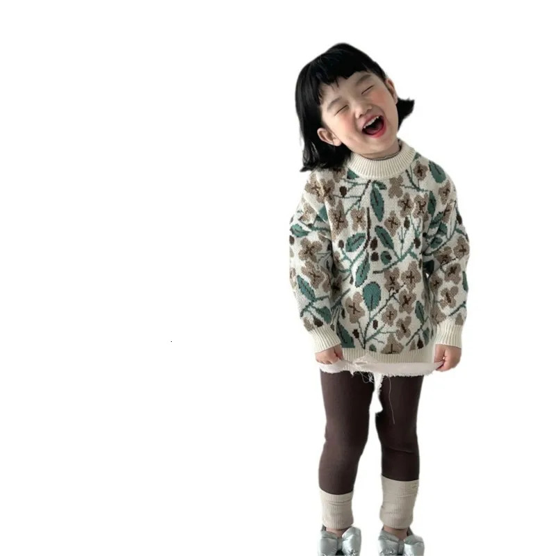 Winter Korean Childrens Girls Pullover Sweater Jacquard Retro Knitted Warm Childrens Girls Sweater Baby Knitted Top 241210