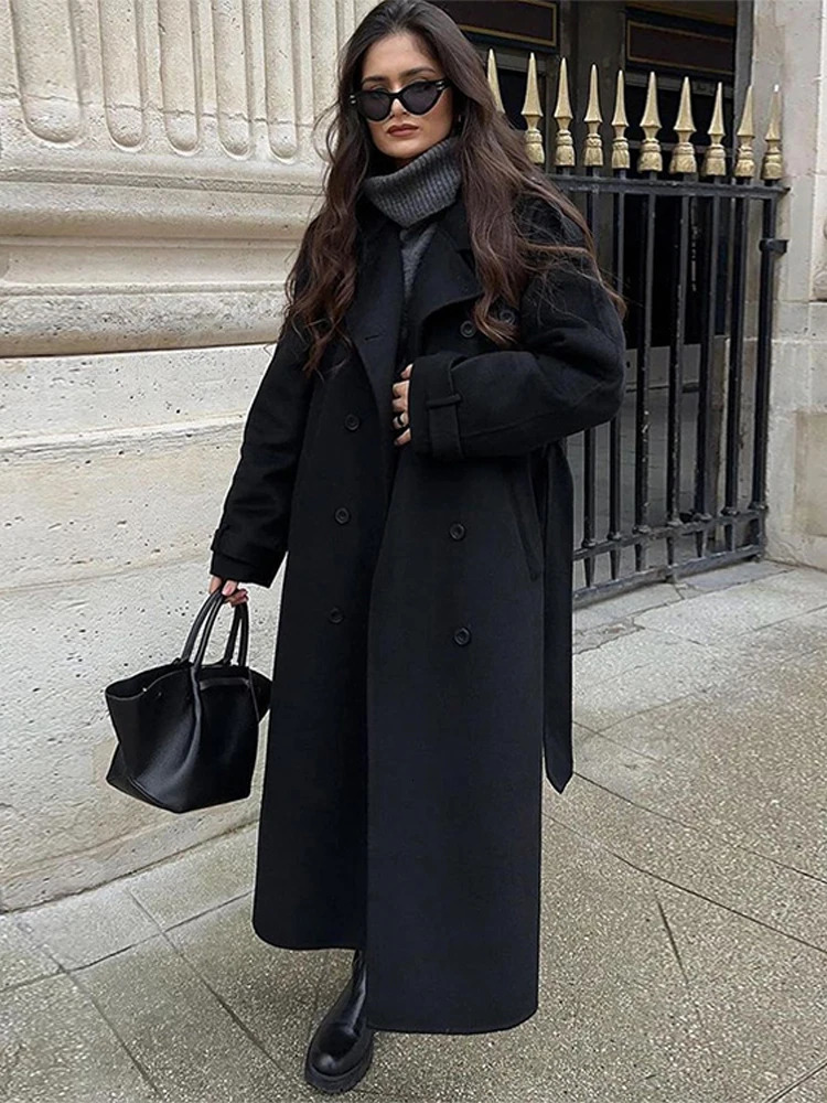 Retro double chest long coat for womens casual loose solid collar wool coat for womens winter elegant and chic street jacket 241204