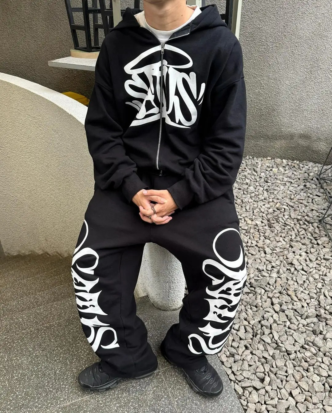 Hip Hop Letter Print Oversized Zip Up Hoodie Sweatpants Two Piece Set Y2K Clothes Tracksuit Men Casual Pants Tops Clothing 241209
