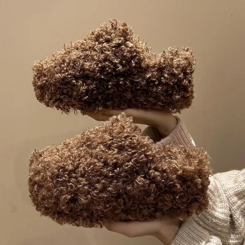 Womens shoe cover toe house slider platform slider wedge-shaped womens shoes fur flip cover er high plush rubber241209bj