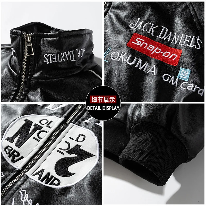 Street Mens Leather Jacket Racing Bomber Cotton Autumn Fashion Embroidery Baseball Collar Handsome Coat
