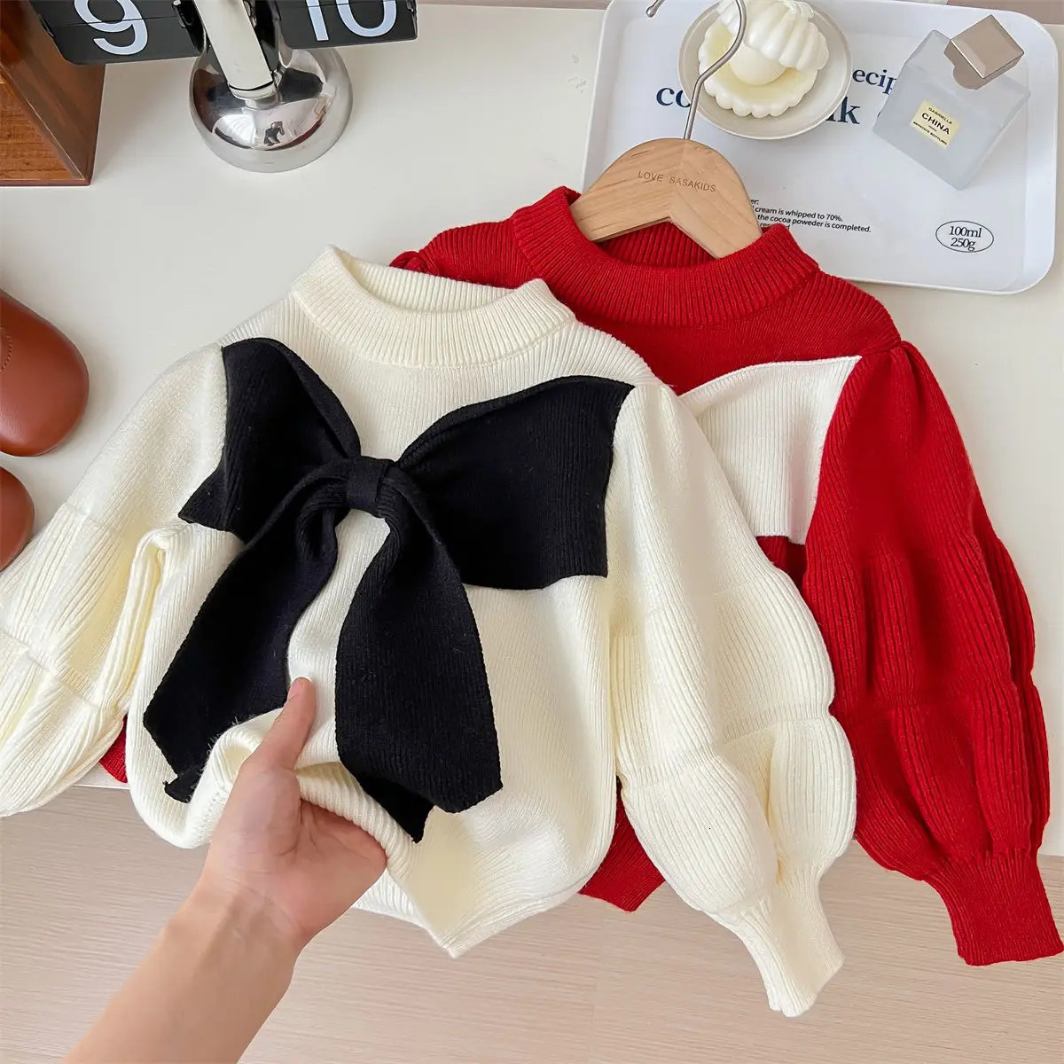 Girl Big Bow Knitted Sweater Puff Long Sleeve Autumn Winter Top Elegant Childrens Birthday Princess Knitted Clothing 241210
