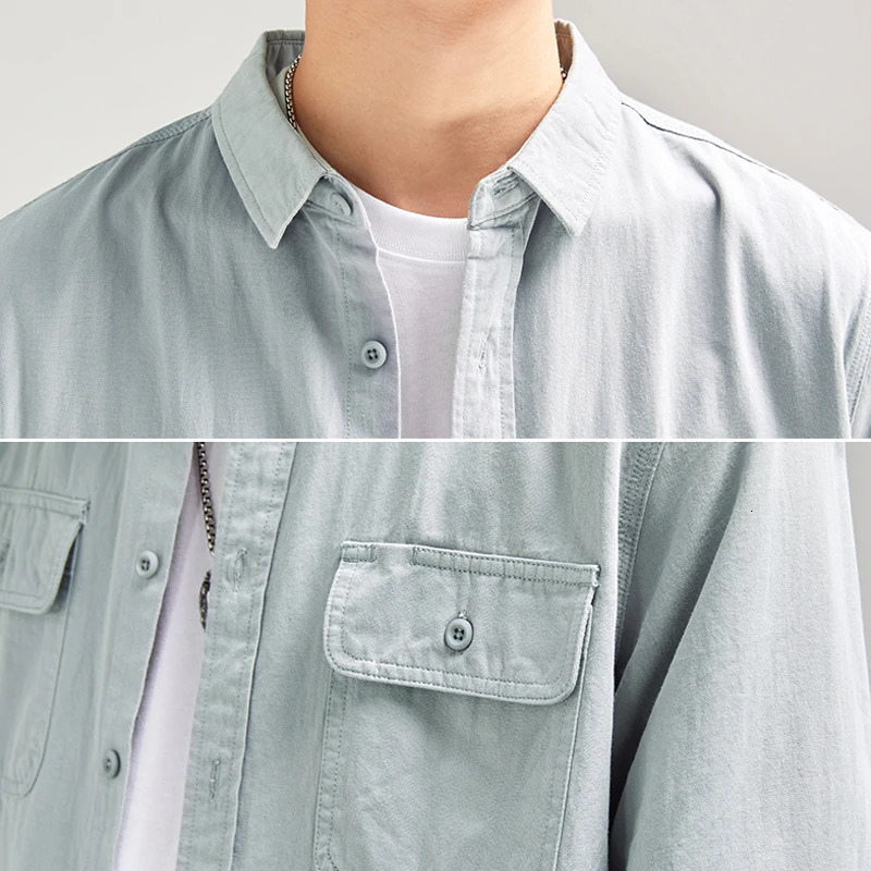 HIQOR 100 pure cotton mens casual shirt 2024 autumn freight clothing khaki retro 241209