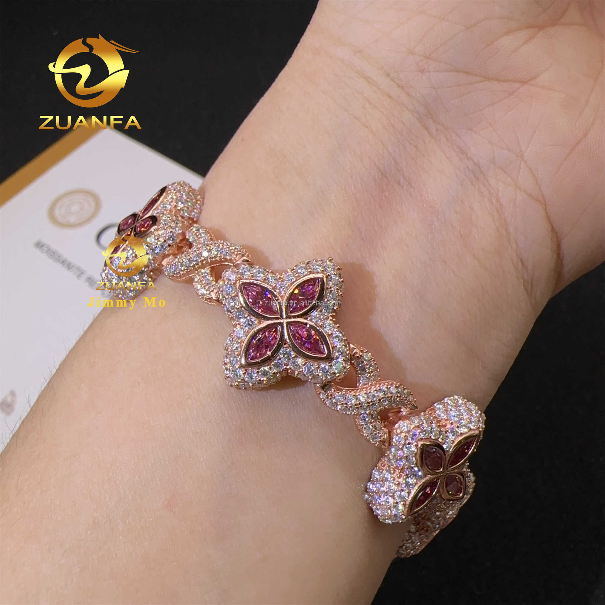 Fashion 18mm 925 Silver Marquise Flower Design Hip hop Jewelry Iced out Moissanite Diamond Infinity Cleef Clover Cuban Bracelet