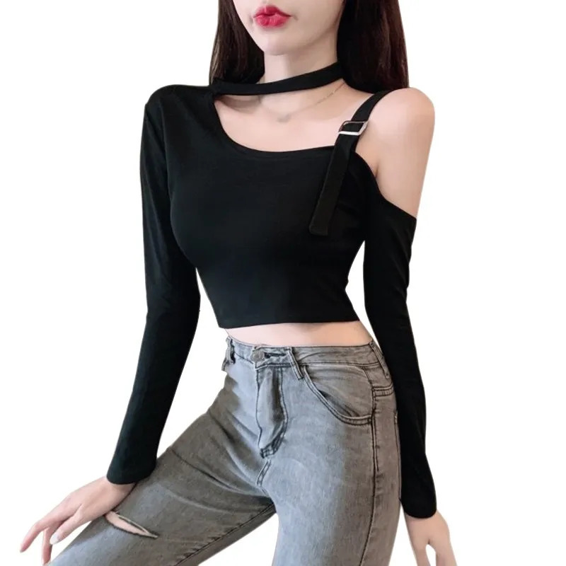 Womens asymmetrical single shoulder cut Tshirt with top hanger long sleeved 241209