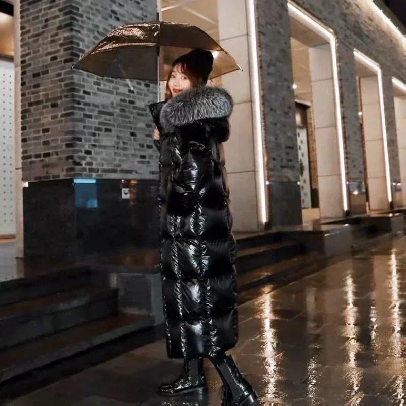 Womens Cotton Jacket Long Black Bright Face Thick True Wool Collar 241209