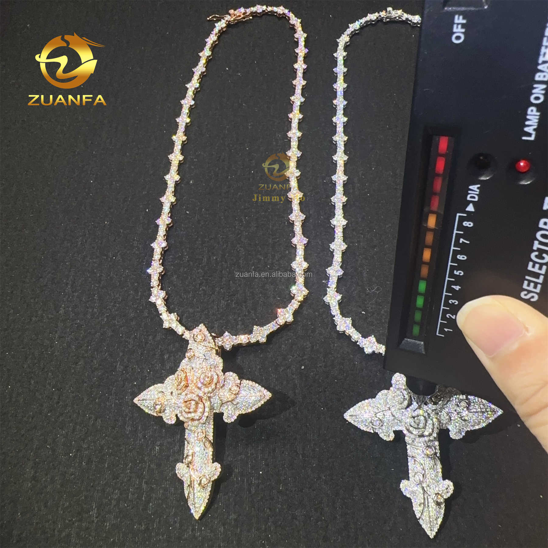 In Stock Fashion Man Jewelry Rose Gold Color Hip Hop Pendant S925 VVS1 Moissanite Diamond Rose Flower Cross Pendant Necklace Set