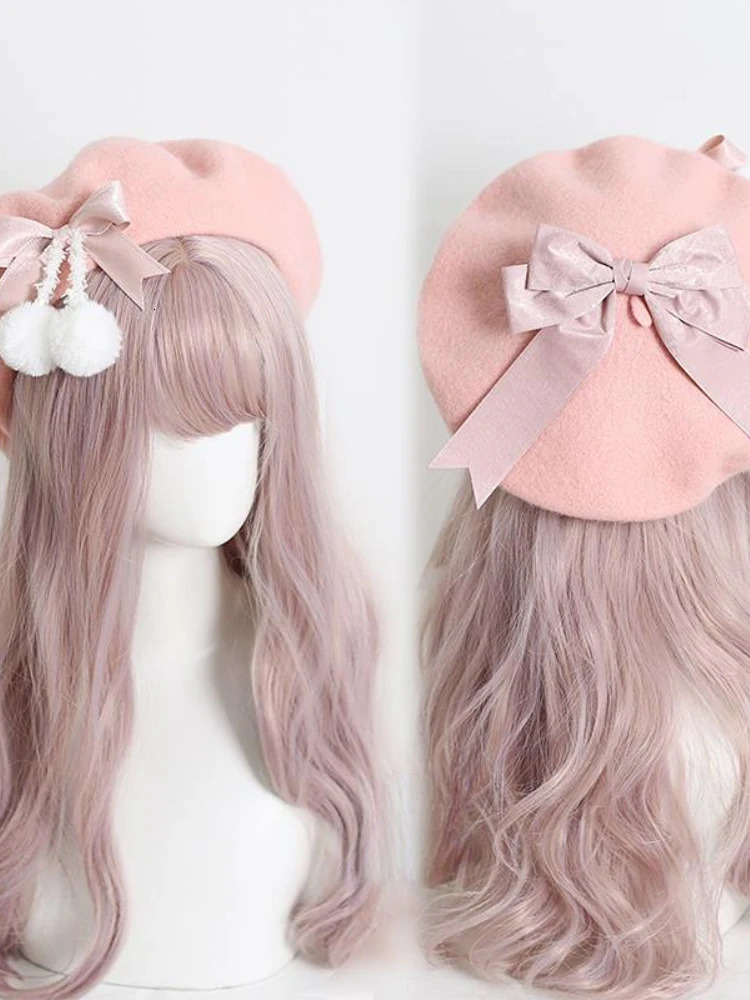 Lolita Sweet Fashion Felt Beret Womens Teen Girls Cute Wool Kawaii Bow Winter Beanie Hat Autumn Retro Warm French Artist Hat 241209