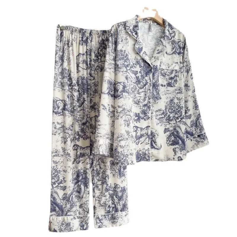 2024 Autumn New Ice Silk Women Pajama Lapel Button Cardigan Outfits for Women 2 Piece Set Fashion Printing Set Clothes for WomenC241209C250109