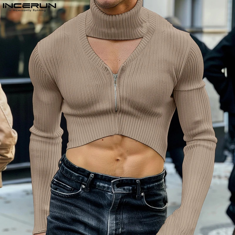 Stylish Well Fitting Tops INCERUN Mens Knitted Texture Cropped Pullovers Streetwear Solid Hollowed Zipper Long Sleeved Sweaters 241209