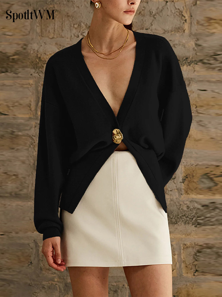 Women's Fashion Button Knitted Cardigan Vintage V Neck Full Sleeves Cropped Sweater Autumn Elegant Lady High Street Jumper