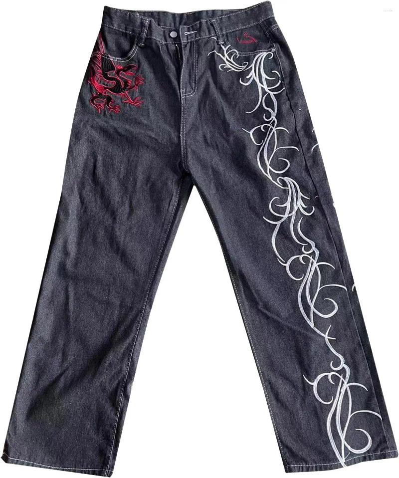 Men's Jeans Y2k American Retro Gothic Women Trendy Embroidered Pattern Denim Trousers Men Haruku Straight Loose Wide Leg Pants