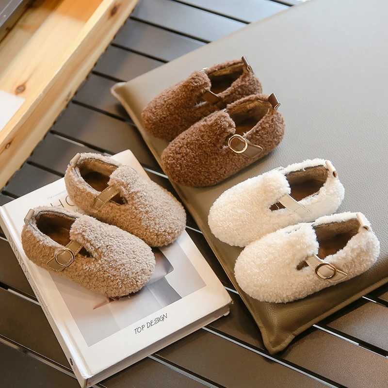 Autumn Winter Children Furry Shoes Fashion Warm Kids Princess Shoes Korean Sle Shallow Girls Shoe Cover Toe Plush Flat ShoesXJ241209