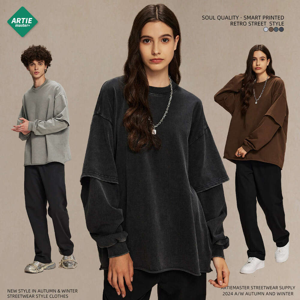 2024 Autumn Brand Retro Fake Two Piece Curled Edge Round Neck Long Sleeve T-shirt for Men, Doing Old, Dyeing, Washing, Street Trendy T