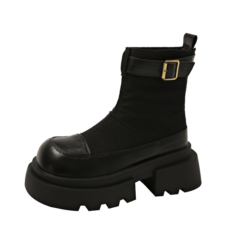 Women Boots:Thick Sole Increase Height Spicy Girl Patchwork Boots Simple Design Versatile Short Boots,Black/Brown,Free shipping