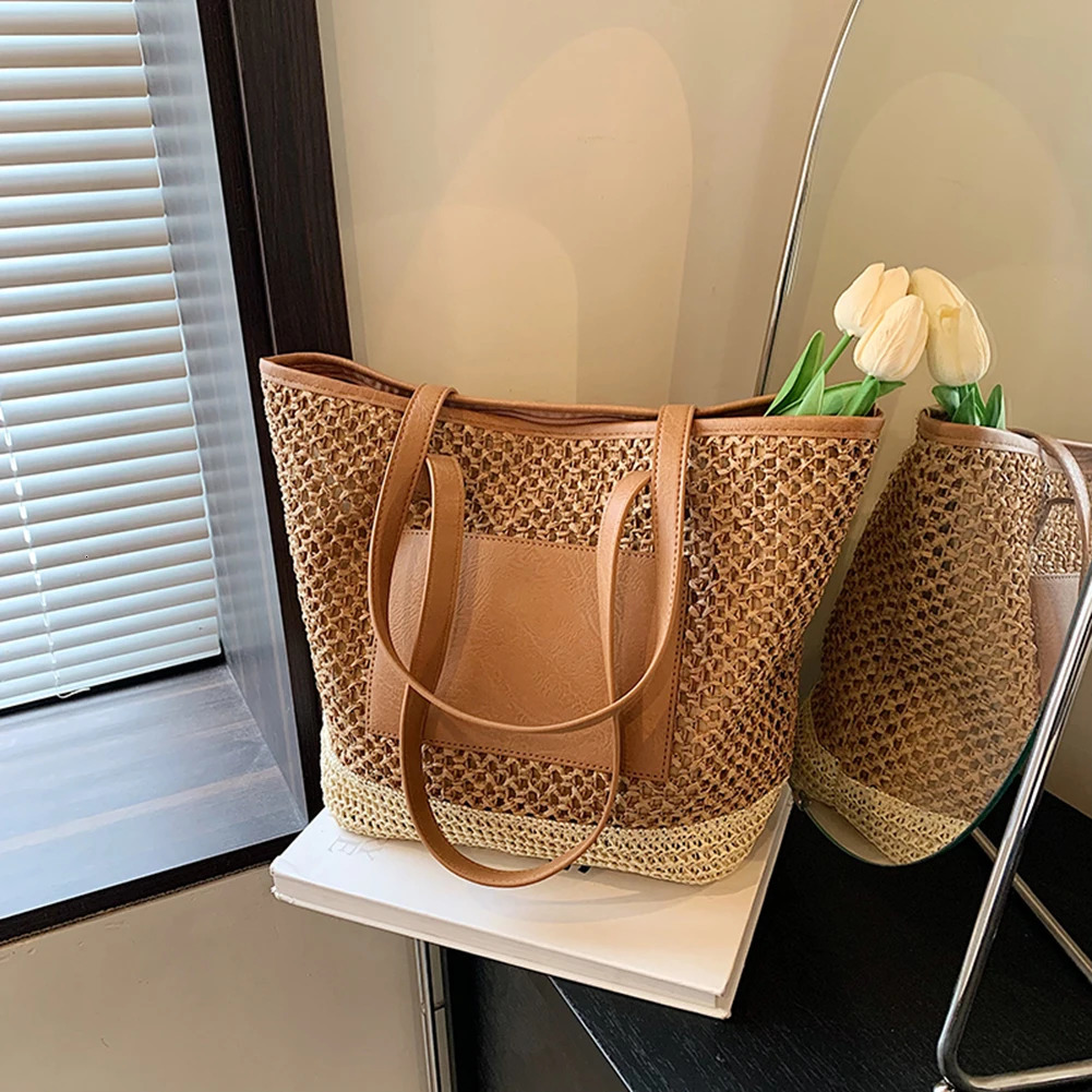 Womens crochet beach handbag PU patch work woven travel bag contrast color simple shoulder bag womens summer bag 241205