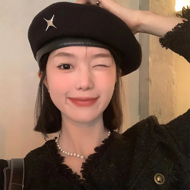 High quality womens black beret warm wool knitted hat star pattern and cute little beret hat perfect for plastic surgery 241209