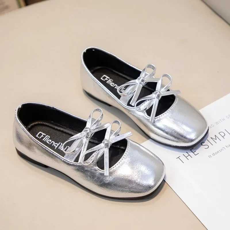Girls Leather Shoes Spring Autumn New Bow Kid Small Princess Mary Jane Shoes Silver Flat Non-slip Children Baby Dance FlatsXJ241209