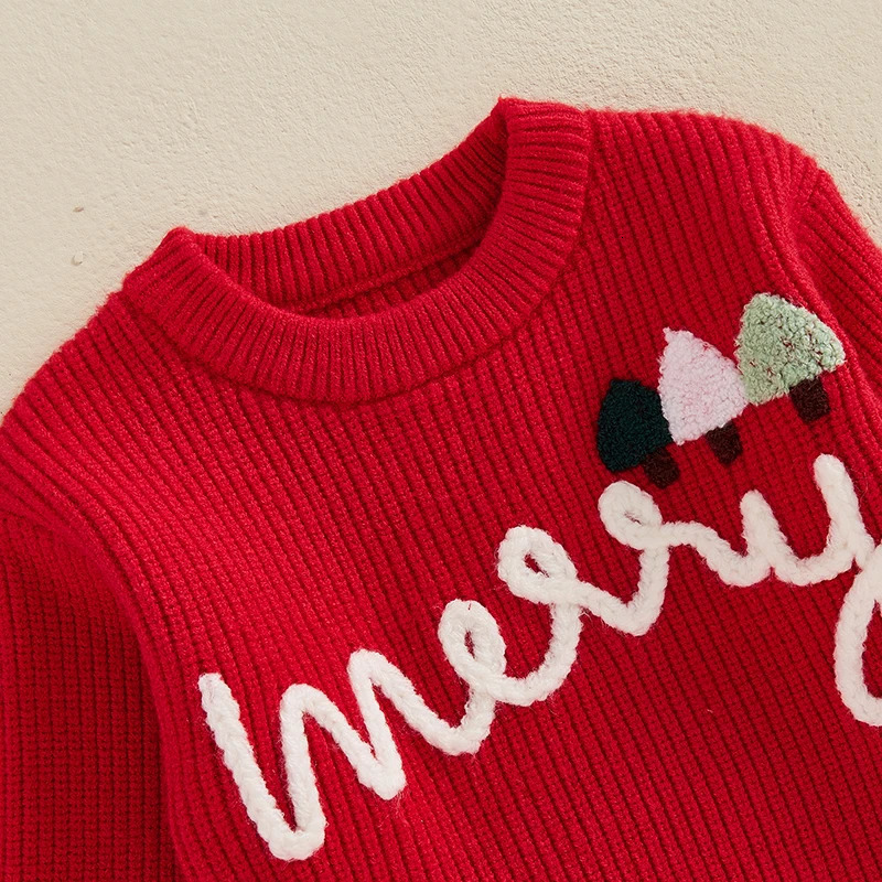 Preschool Baby Christmas Sweater Boys and Girls Alphabet Tree/Santa Claus Embroidered Long Sleeve O-Neck Ribbed Knitted Floral Top 241210