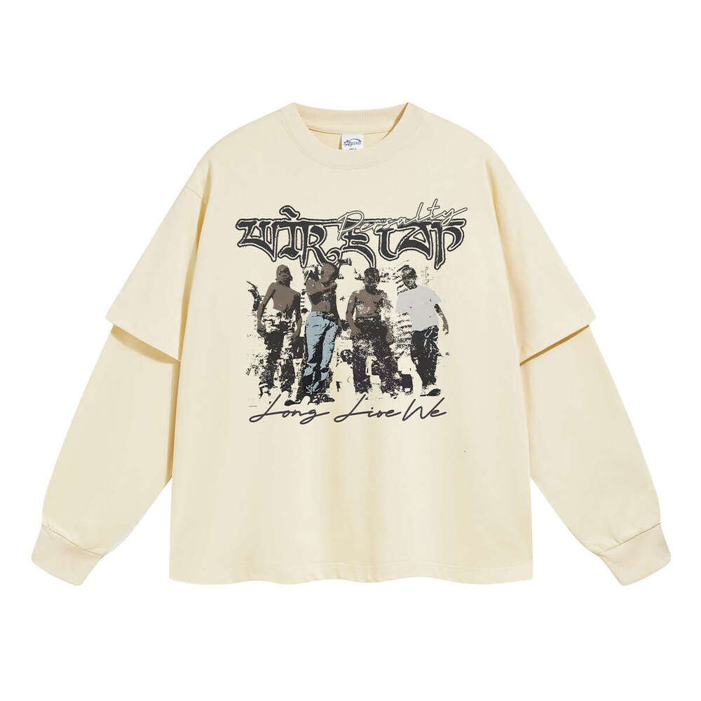 2024 Autumn New Product Trendy Brand Cotton Fake Two piece Sleeve T-shirt Men's Loose Printed Bottom Shirt Long T