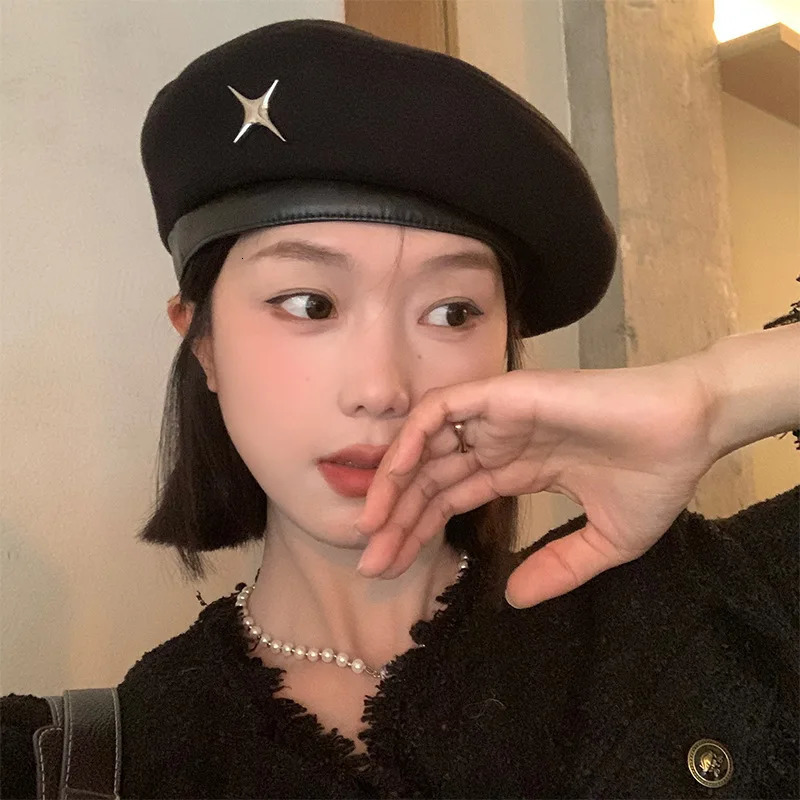 High quality womens black beret warm wool knitted hat star pattern and cute little beret hat perfect for plastic surgery 241209