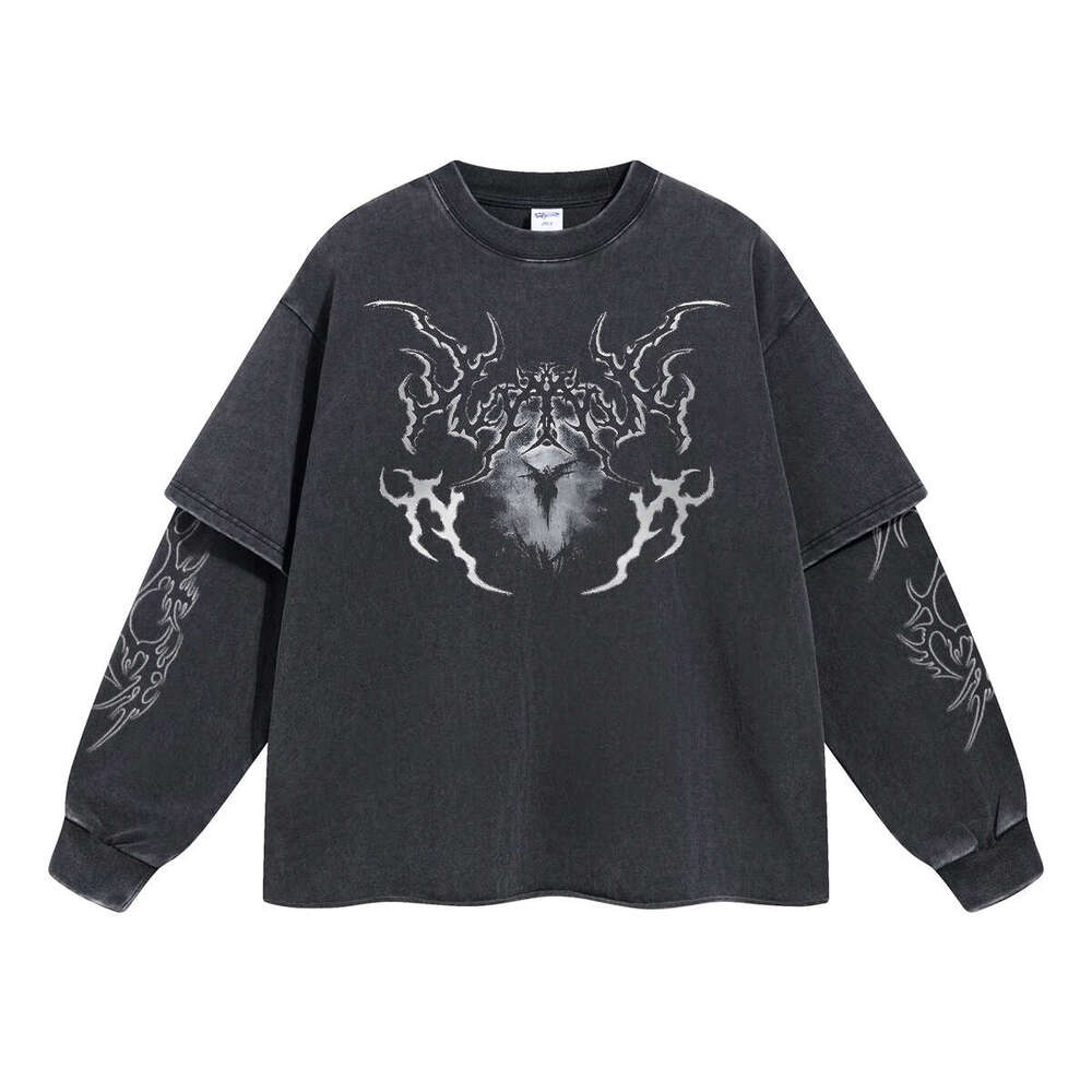 2024 Autumn Brand Retro Fake Two Piece Curled Edge Printed Long Sleeve T-shirt for Men Doing Old Stir Fry Snowflake Wash Water Street Trendy T