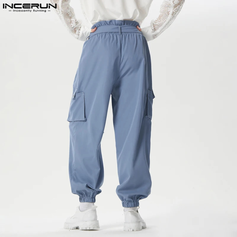 INCERUN Men Cargo Pants Solid Joggers Elastic Waist Trousers Men With Belt Streetwear Loose 2024 Fashion Casual Pantalon S-5XL 241209