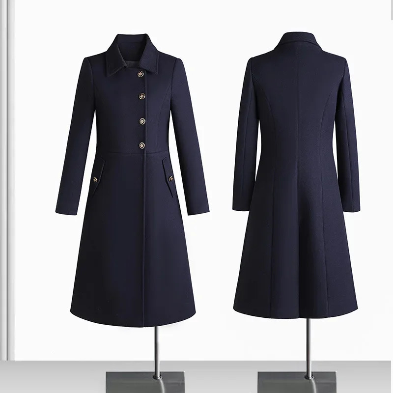 High quality wool blend long trench coat for women big size single breasted winter 2023 elegant clothes black grey blue 241202