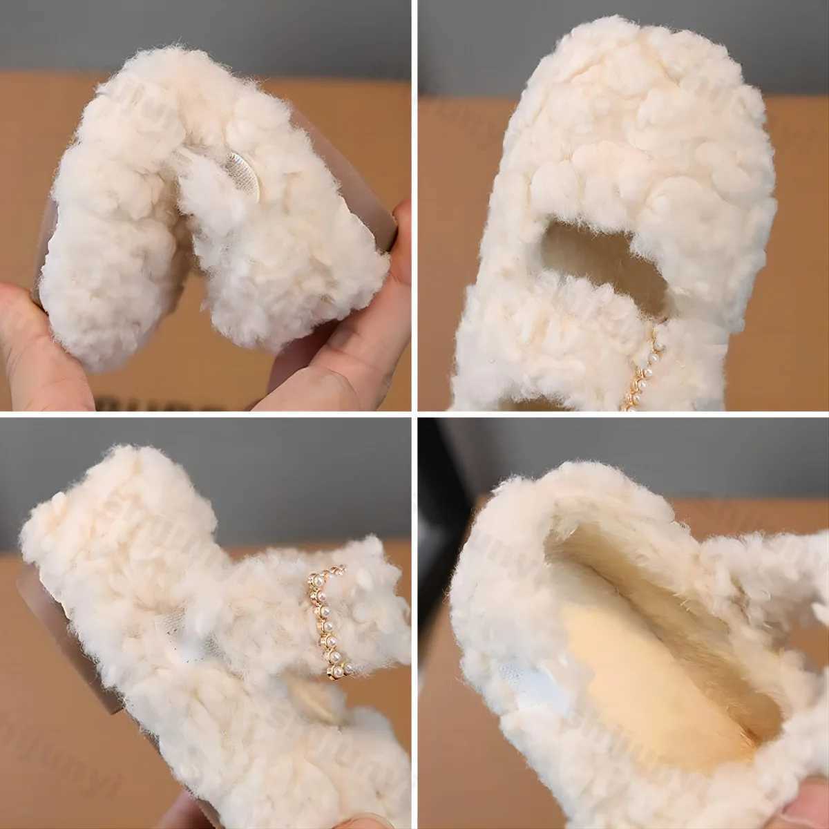 Fashion Rhinestone Buckle Flats 2024 Winter New Children Fur Cover Toe Light Warm Kids Casual Shoe Plush Non-slip Mary Jane ShoeXJ241209