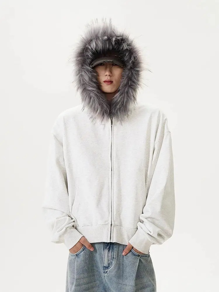 Autumn and winter vintage fur collar hoodie Y2K casual trend zipper hoodie mens street hip-hop gothic punk Harajuku loose sportswear 241209 - view 5