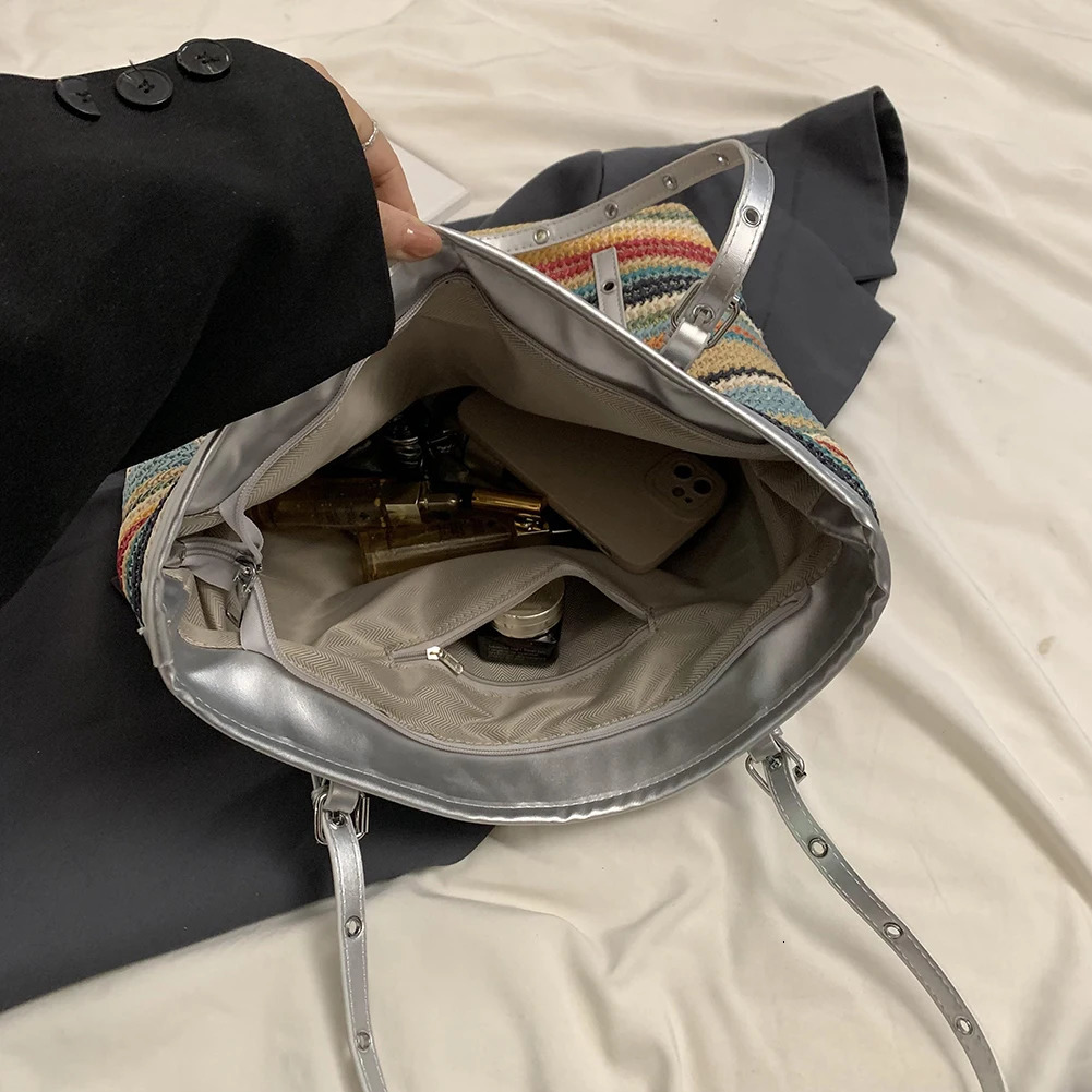 Womens colorful crochet beach handbag large capacity woven travel bag minimal splicing work handbag womens summer handbag 241205