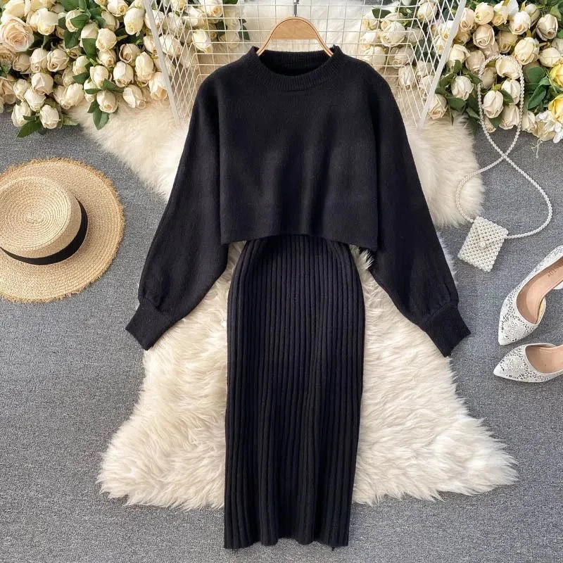 Autumn Knitted Round Neck Two Piece Womens Set Long Sleeve Solid Color Bat Fashion Winter 241209