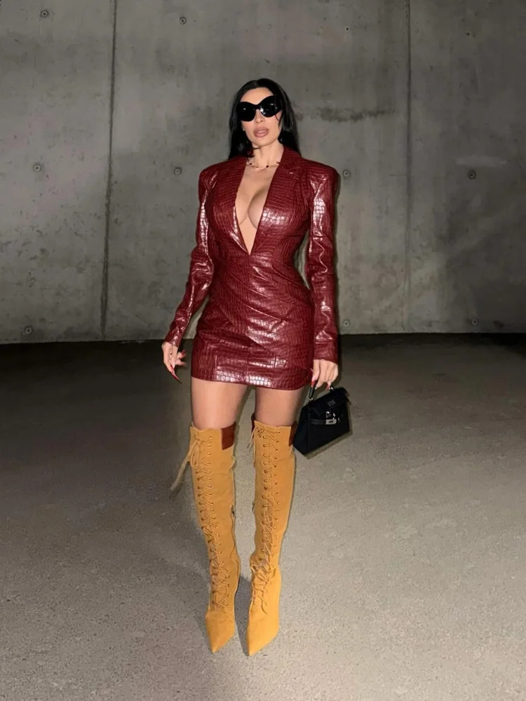 Women Sexy Deep V Red Lattice Leather Mini Dress Fashion Long Sleeve High Waist Fold Slim Dresses Lady Highstreet Short Robe 241210