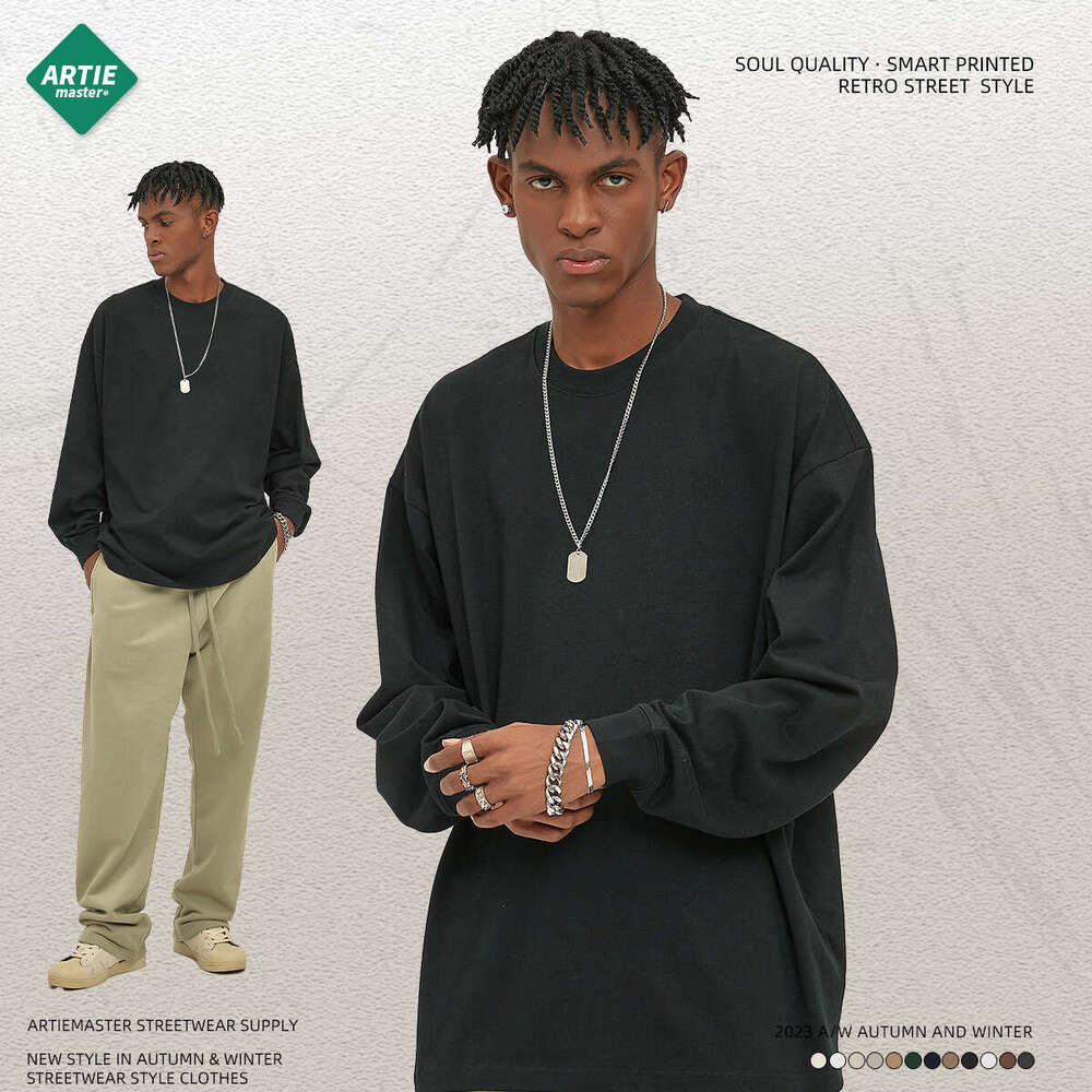 2024 Autumn/Winter Trendy Brand Heavy Weight 305g Loose Long Sleeve T-shirt 12 Color European and American Pure Cotton Top