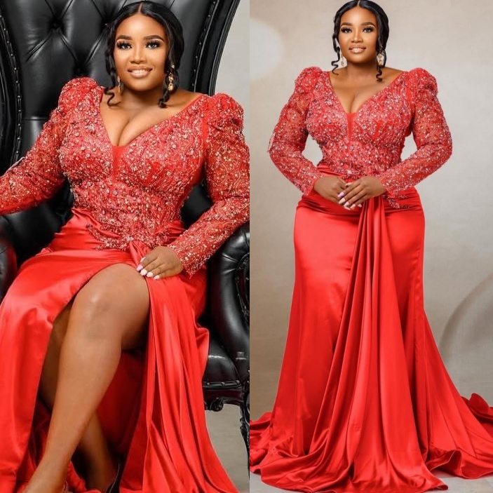 Red Mermaid Prom Dresses 2025 Rhinestones Beaded Lace Satin Evening Formal Party Second Birthday Engagement Gowns Plus Size Dress For Special Occasion