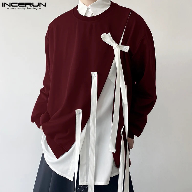 INCERUN Tops Korean Style Fashion Men Oneck Bow Ribbon n Sweater Casual Streetwear Solid Long Sleeved Pullovers S3XL 241209