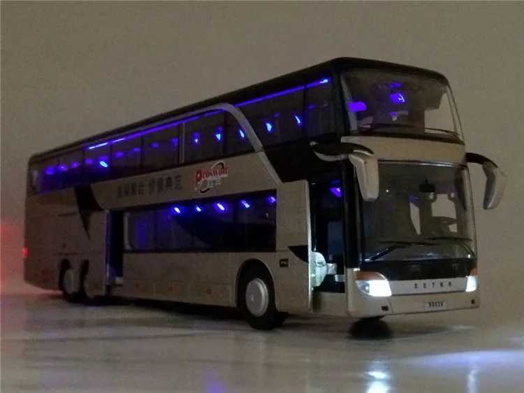 High quality 1 32 alloy+ABS rear pull bus model for new car sales in 2023 high simulation dual visual bus flashing LED toy car X241209