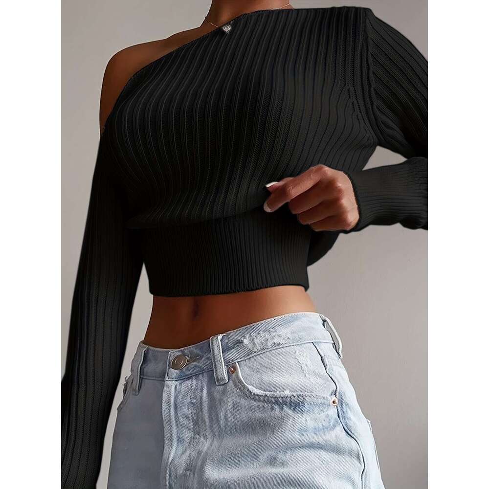 Short Sweater Women's Casual Knitted One Off Shoulder Pullover Long Sleeve Sweaters New Outerwears Autumn Slim Female Clothes