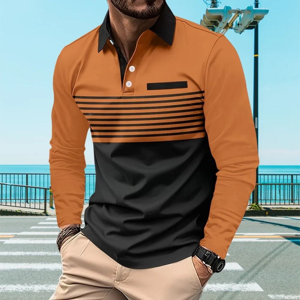 Mens Polo Shirts 3D Stripe Colorblock Print Fashion Sports Lapel Golf TShirt Men Tops Casual Long Sleeve Man Clothes 241202
