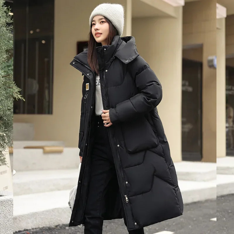Winter Detachable Hoodie Womens Long Knee Thick Paddle Jacket Parka 241209