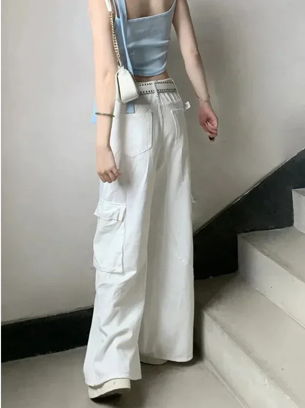 White Cargo Pants High Waisted Jeans Women Vintage Straight Wide Legs Casual Elegant Oversized Fashion Trousers Lady Trouser Z260314