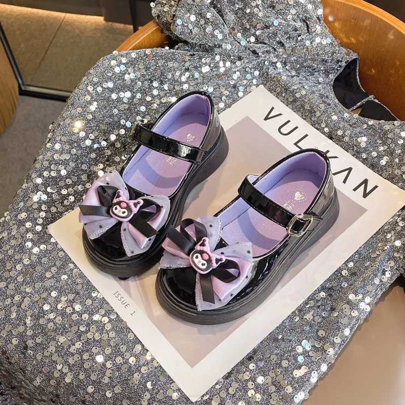 Girls Fashion Kuromi Leather Shoes Bow Childrens Princess Shoes Baby Kids Soft Soled Single Shoes Flat ShoesXJ241209