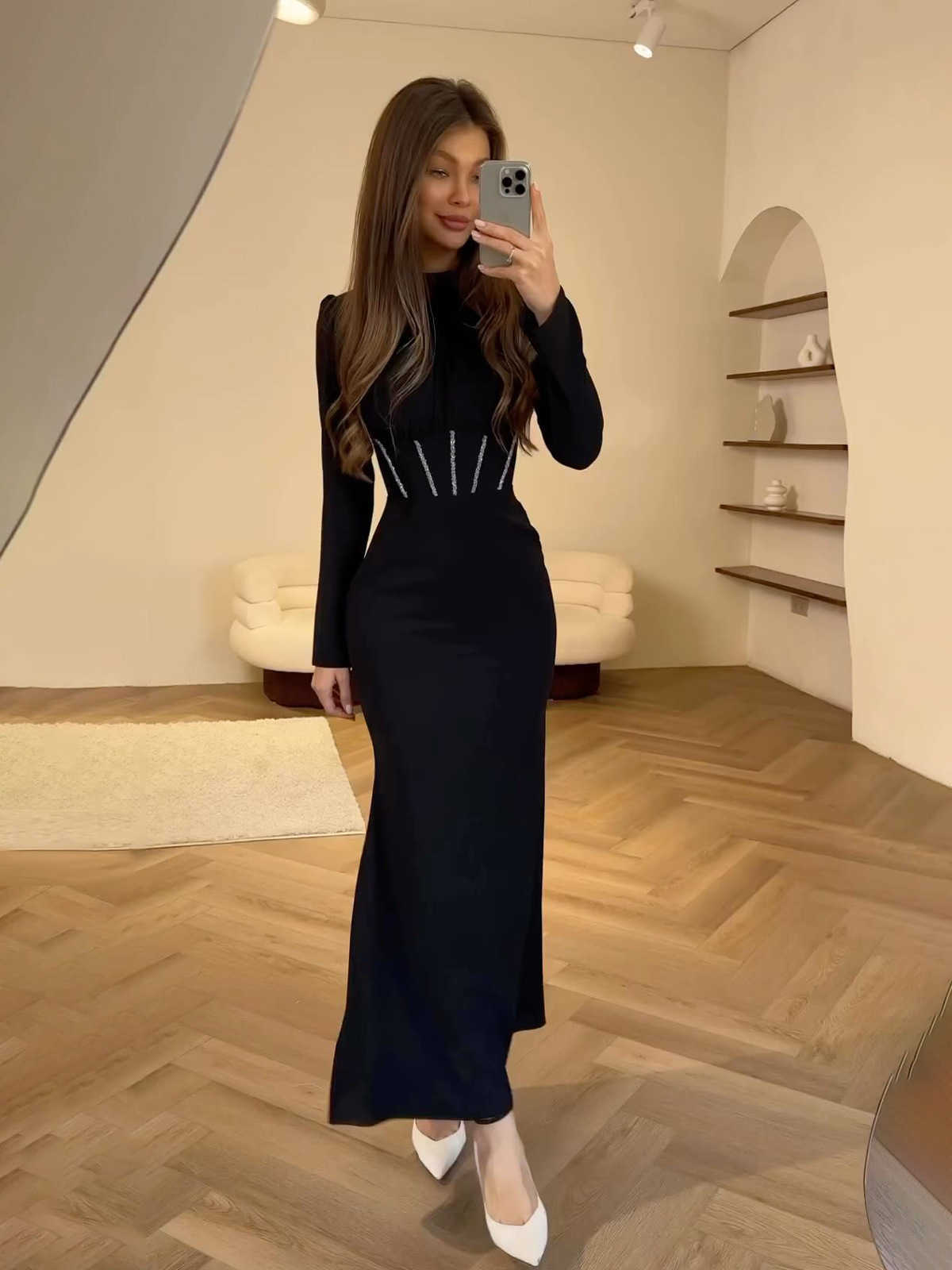 autumn socialite slim long sleeve pleated lacing irregular long skirt dress female J241210