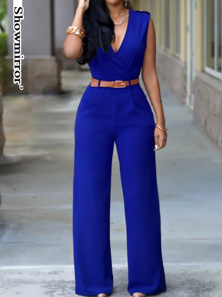 Womens long sportswear Vneck elegant outfit party club slim waist wide leg jumpsuit 241209