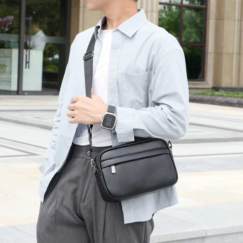Small square sling bag luxury business shoulder bag mens design plain weave PU leather messenger bag cross body bag casual zipper Z241210