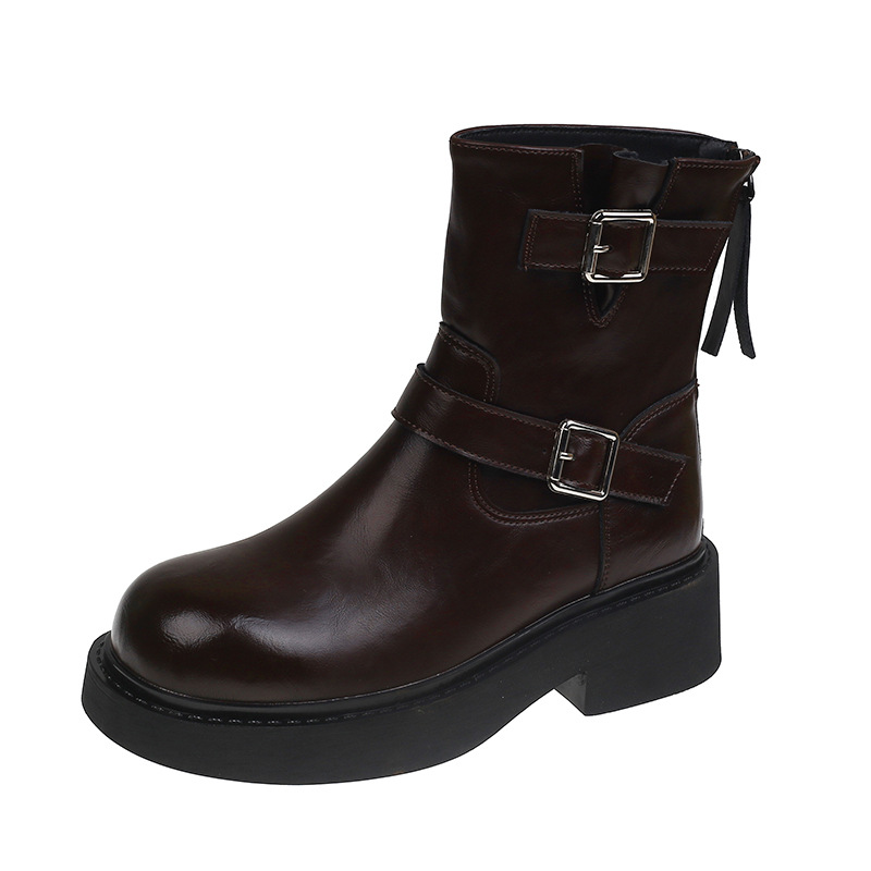 Women Boots:Retro Style Belt Buckle 2025 Early Spring New Product Thick Sole hot Increase Height Fashion Versatile Short Boots,Black/Brown,Free shippi